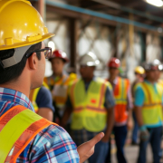 Trainer demonstrating the importance of safety on the job to trainees Trainer demonstrating the importance of safety on the job to trainees